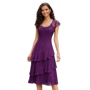 Komarv Vintage Purple Chiffon Beaded Scoop Neck Tiered Midi Dress
